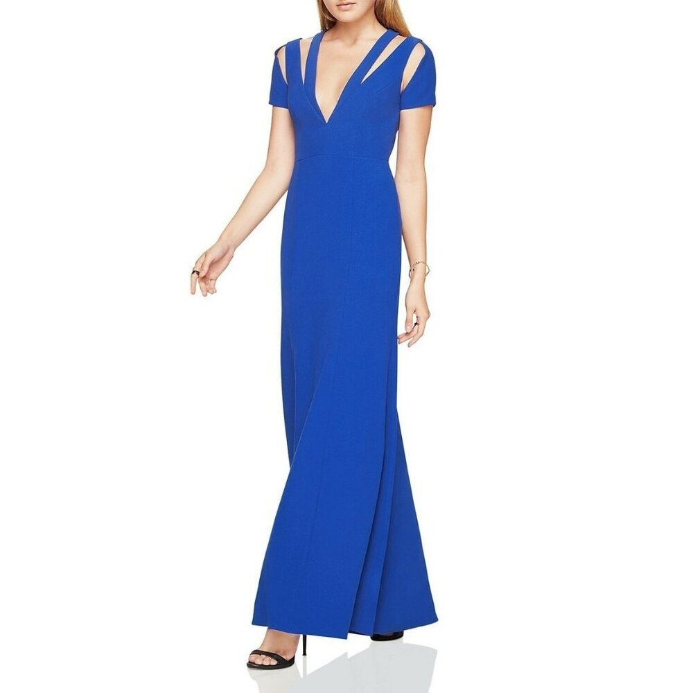 BCBG Max Azria Estrella Cutout Cap Sleeve Blue Crepe Gown $365, Size 0 NWT!